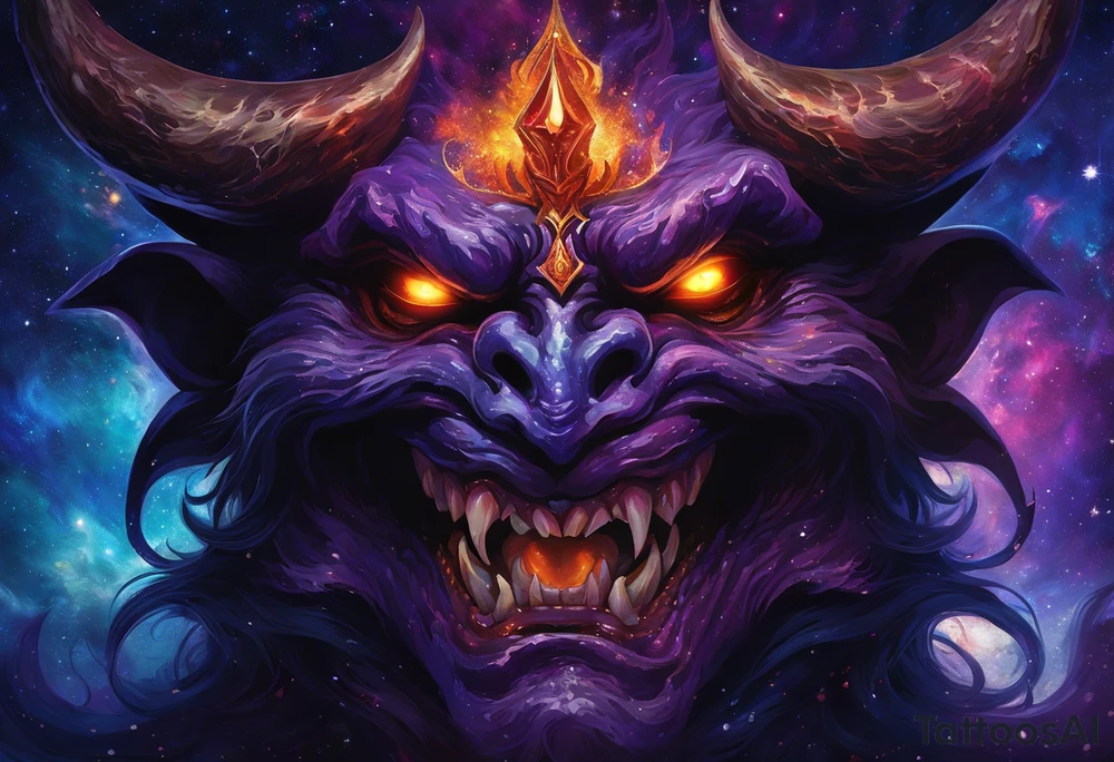 Dominant demonic figure, formidable face with royal king features, has a evil grin and a bit of open mouth with glimpse of devil fang teeth, similar to skull features, framed by deep-set glowing galaxy eyes, head has prominent purple deep blue flames (No horns). colour scheme is recognizable swirling galaxy-shaped textures with fiery peacock blue green turquoise colour highlights. orange highlights. 
Head will have visible prominent braids in koru maori style with 3-5 hawk feather ends. 

it will frontal totem figure and will sit on top of huge torii gate (Japanese) tattoo idea