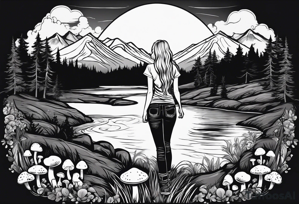 Whole picture encircled fully

Straight long blonde hair hippie girl in distance holding mushrooms in hand facing away toward mountains and creek surrounded by mushrooms long sleeve shirt and hiking pants; whole rendering within a full circle, no cut off circle tattoo idea