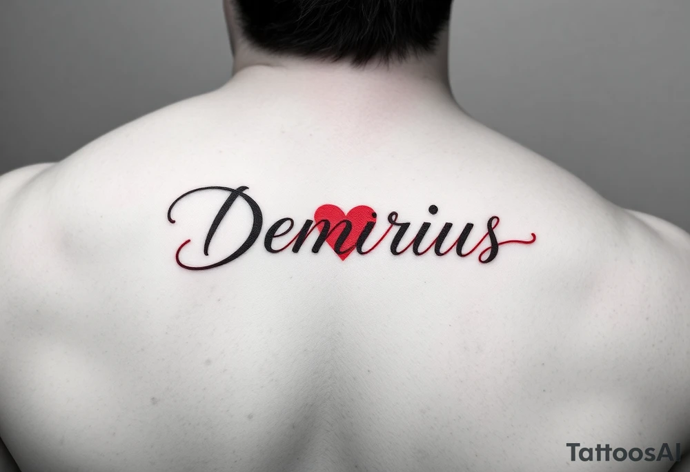 demarius name in cursive in red ink with a heart over the i tattoo idea