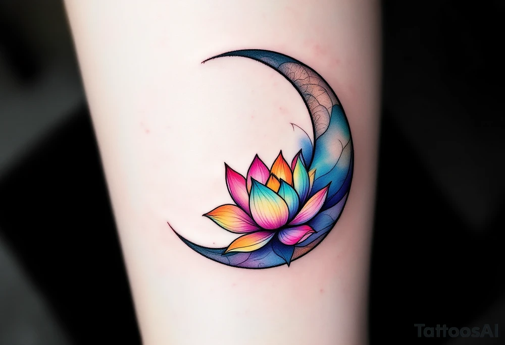 tiny colorful crescent moon with lotus flower tattoo idea