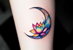 tiny colorful crescent moon with lotus flower tattoo idea