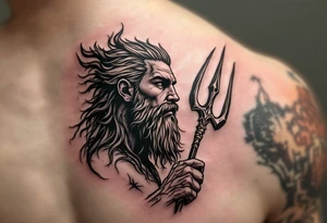 fit poseidon, with trident, looking at the horizon tattoo idea