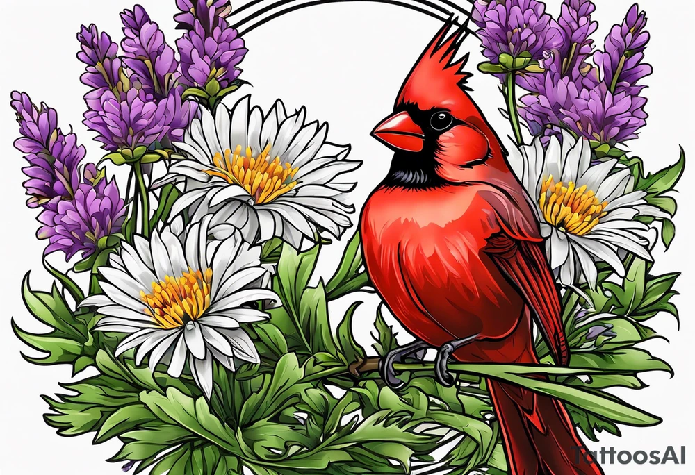 Aster flowers and sea rocket flowers with a cardinal around the words Dad tattoo idea