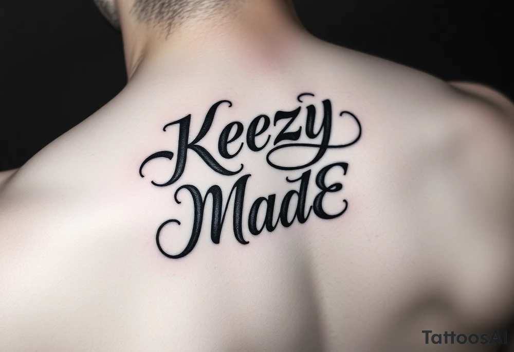 letters only fancy but rugged twisted and intertwined circular arched curvy lettering (KeezY MadE) almost like the the roca wear symbol clothing brand trademark RW but with KM tattoo idea
