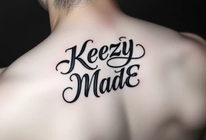 letters only fancy but rugged twisted and intertwined circular arched curvy lettering (KeezY MadE) almost like the the roca wear symbol clothing brand trademark RW but with KM tattoo idea