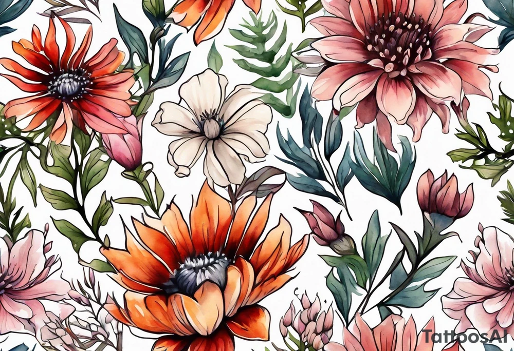 wildflowers with thistles, ferns, white flowers, cream flowers, pink flowers, burnt orange flowers, red flowers and all in watercolor tattoo idea