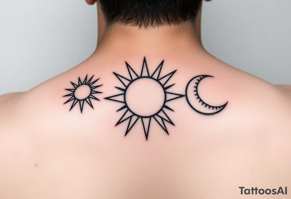Cute sun, star and moon with three images of the same size and each one can be filled in black by three sisters and with a line running through them all linking them together tattoo idea