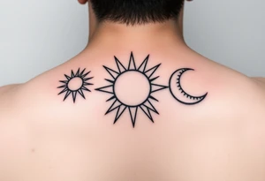 Cute sun, star and moon with three images of the same size and each one can be filled in black by three sisters and with a line running through them all linking them together tattoo idea
