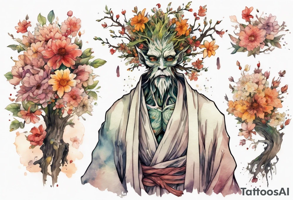 a tree-man hybrid covered in flowers wearing a long robe tattoo idea