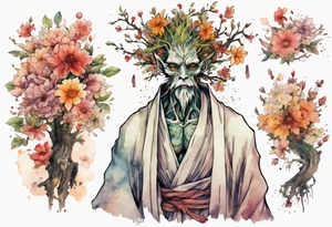 a tree-man hybrid covered in flowers wearing a long robe tattoo idea