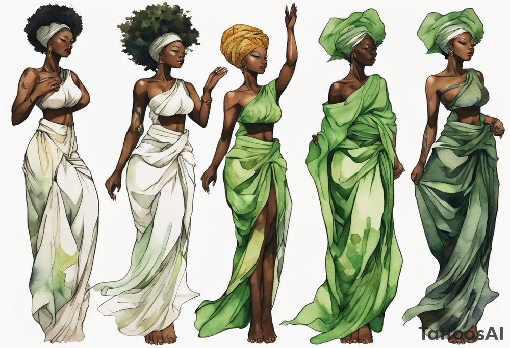 a tree trunk with roots that is a beautiful black woman from the waist up, arms reaching up to the sun, wearing a green tunic tattoo idea