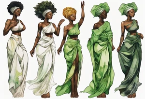 a tree trunk with roots that is a beautiful black woman from the waist up, arms reaching up to the sun, wearing a green tunic tattoo idea