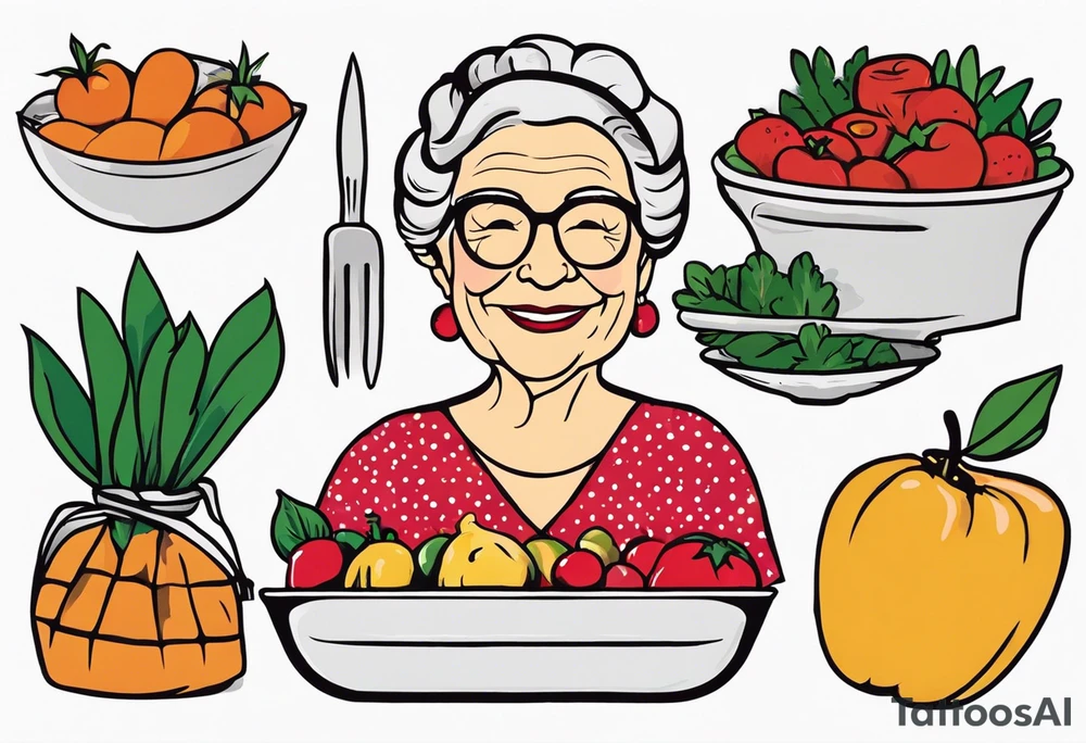 I'm looking for a tattoo design that beautifully reflects the essence of my grandma . My grandma you'll always see her smiling and ready to cook you anything you want. Her daily routine is to go to church in the morning then straight of to the farmers market. tattoo idea