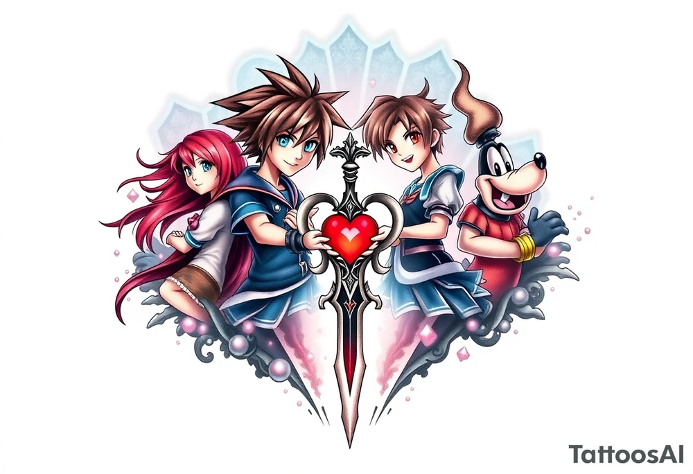 Kingdom Hearts tattoo design featuring sora, kairi, riku, donald and goofy from the game, together in a dynamic, united pose. The centerpiece should include the Heartless Keyblade, with a beautiful and ethereal Kingdom Hearts-inspired background—think glowing stars, floating islands, and stained-glass elements in backroung. The design should capture themes of friendship, light vs. darkness, and adventure. Style should be detailed, fantasy-oriented, and suitable for a large piece tattoo idea