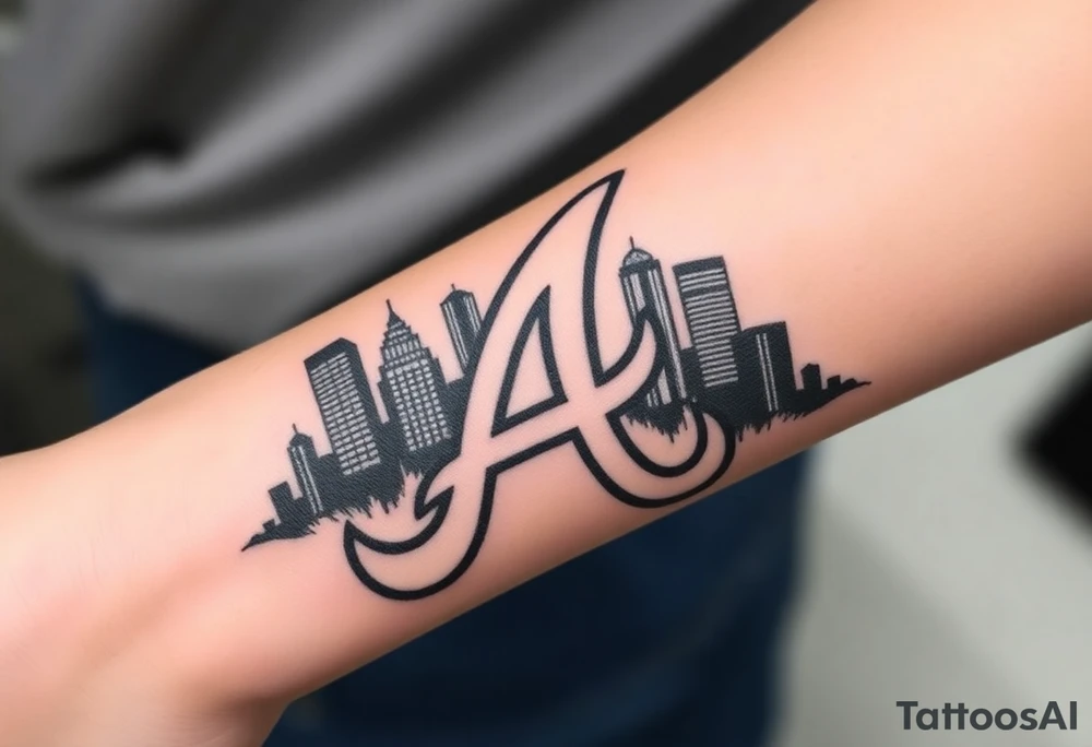 Atlanta Braves logo “A” overlapping a 3D Atlanta skyline behind the logo tattoo idea