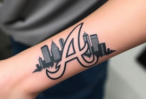 Atlanta Braves logo “A” overlapping a 3D Atlanta skyline behind the logo tattoo idea