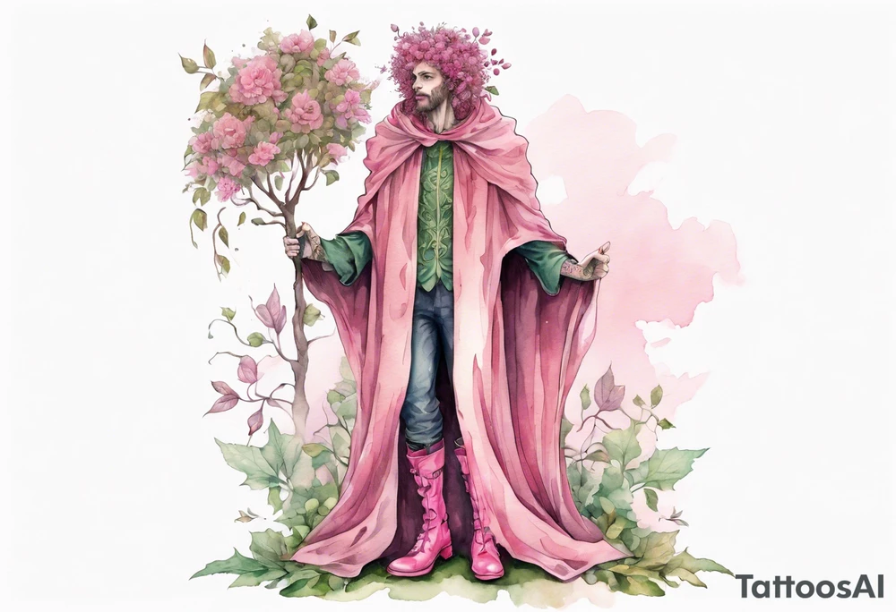 A tall, beautiful tree-man hybrid with flower hair and a cloak made of leaves. Wearing pink medieval boots. tattoo idea