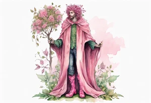 A tall, beautiful tree-man hybrid with flower hair and a cloak made of leaves. Wearing pink medieval boots. tattoo idea