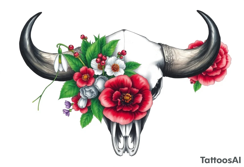 Buffalo or bison skull with flowers. Snow drop and red peony. Green holly with red berries, purple larkspur, red peony.  Colour. For upper arm or shoulder. Masculin. tattoo idea