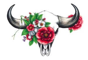 Buffalo or bison skull with flowers. Snow drop and red peony. Green holly with red berries, purple larkspur, red peony.  Colour. For upper arm or shoulder. Masculin. tattoo idea