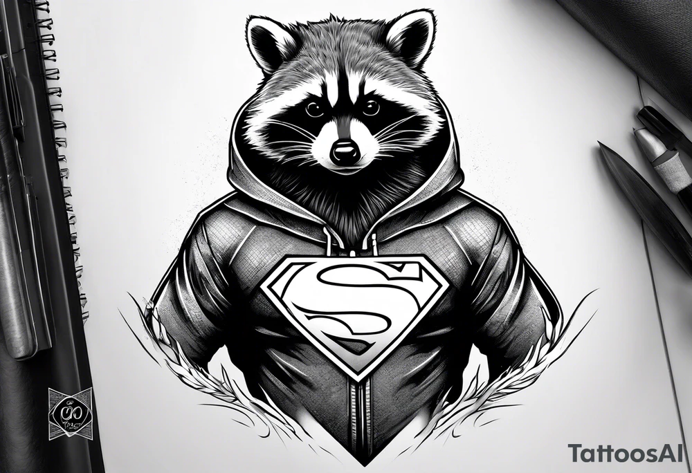 raccoon wearing a Superman hoodie tattoo idea