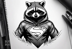 raccoon wearing a Superman hoodie tattoo idea