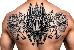Egyptian Anubis god face muscle in Egypt style dog face surrounded Egyptian symbols and lions tattoo idea