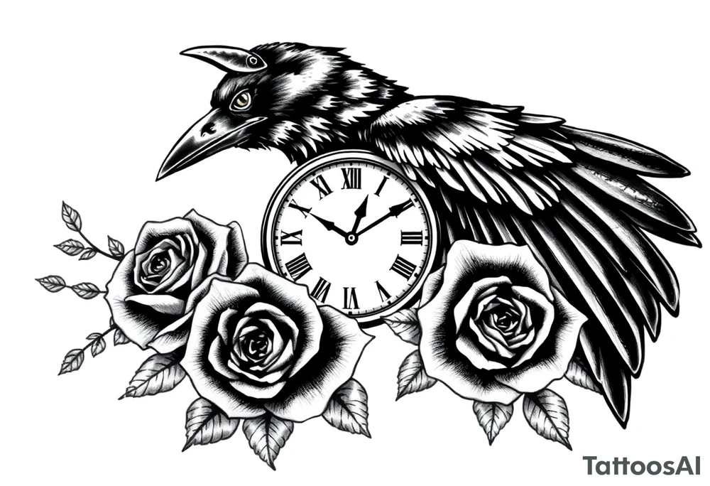 raven,roses,clock. tattoo idea