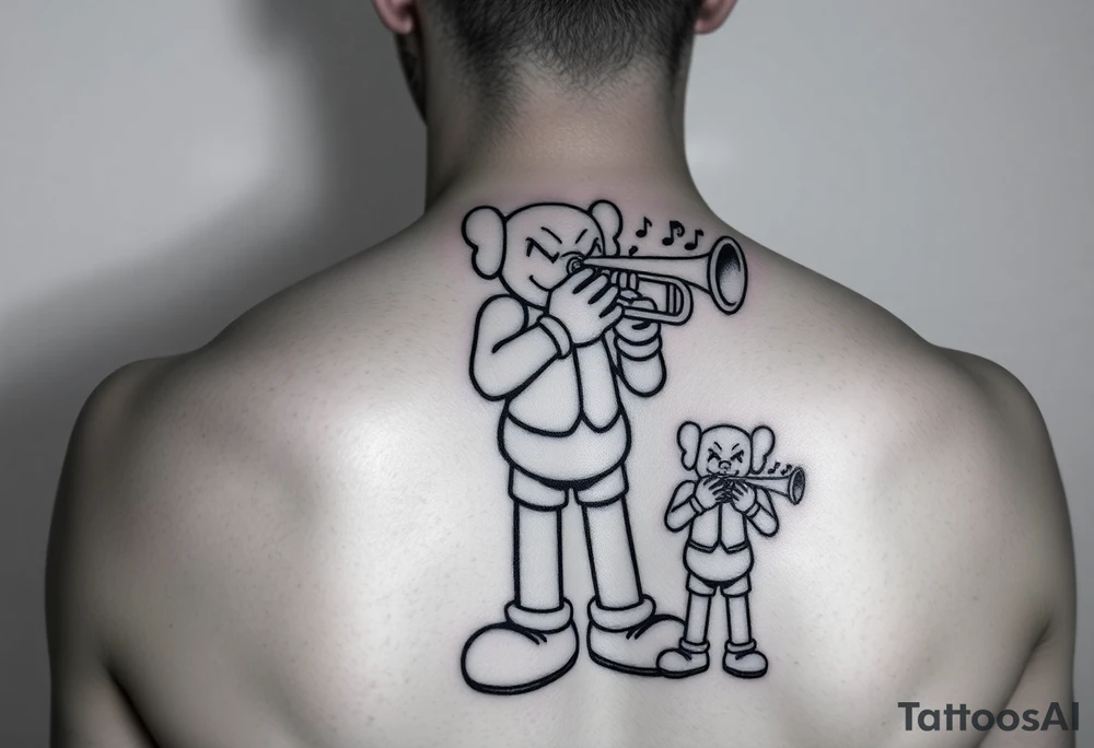 Kaws figure playing mellophone with notes coming out and a smaller kaws figure flexing money tattoo idea