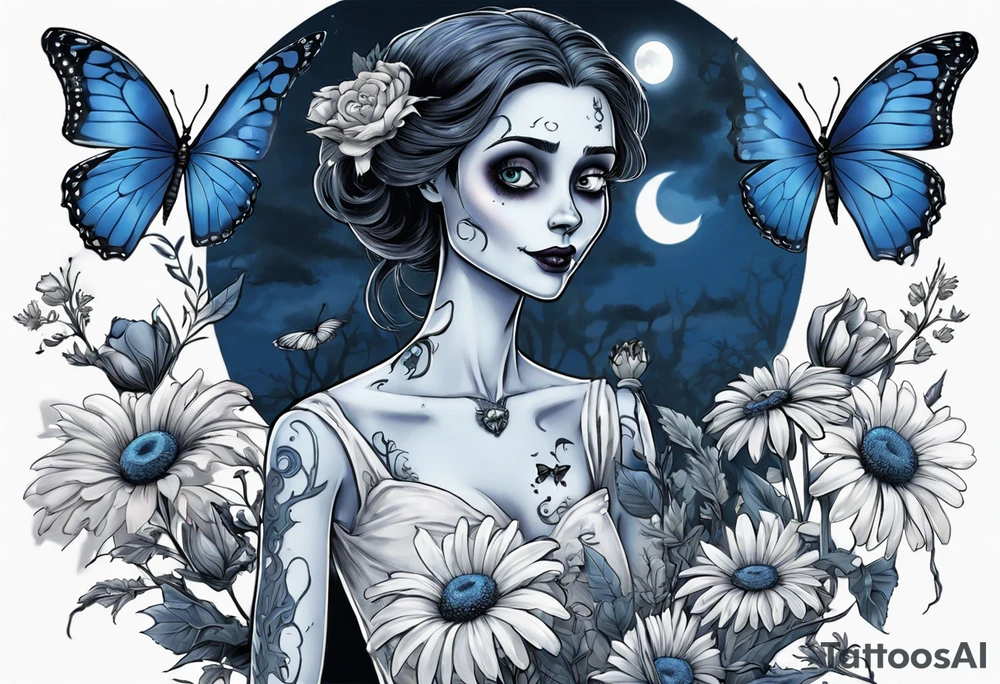 corpse bride Emily holding a bouquet of flowers. one white daisy in the bouquet. one blue butterfly. A full moon on the background. full grown tattoo idea
