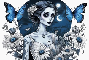 corpse bride Emily holding a bouquet of flowers. one white daisy in the bouquet. one blue butterfly. A full moon on the background. full grown tattoo idea