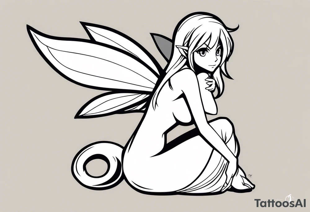 A fairy with a tail inspired by the logo of the show called Fairy Tail in a fetal position leaning in no additional ears or background tattoo idea