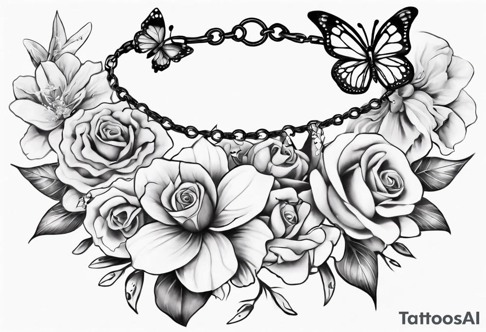 Ankle bracelet tattoo with flowers and butterflies and larger in the centre tattoo idea