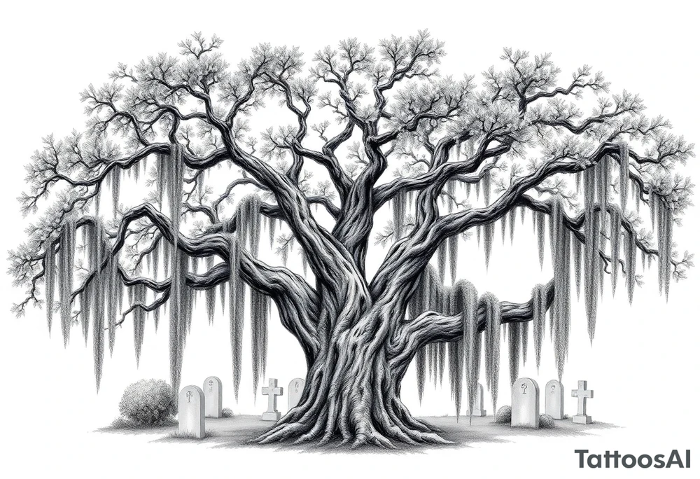 Laurel oak with Spanish moss in a cemetery tattoo idea