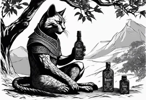 Khajiit sitting under a tree with an empty skooma bottle and a dagger with text that says “Khajiit’s Bane” tattoo idea