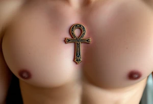 A gold and black Ankh resting in the center of the chest, symbolizing eternal life and divine energy. tattoo idea