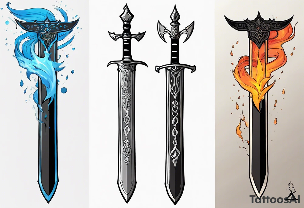 refined, detailed drawing of the Master Sword with the blade partially wrapped in ethereal elemental symbols: flames licking up one side, water flowing down the other, roots climbing the hilt, and wind swirling around the tip. The elements are subtly integrated, creating a harmonious design. tattoo idea