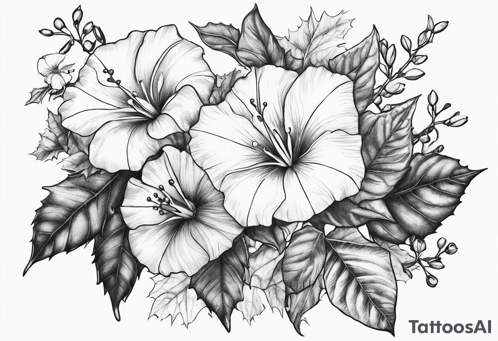 Bouquet of morning glories and holly tattoo idea