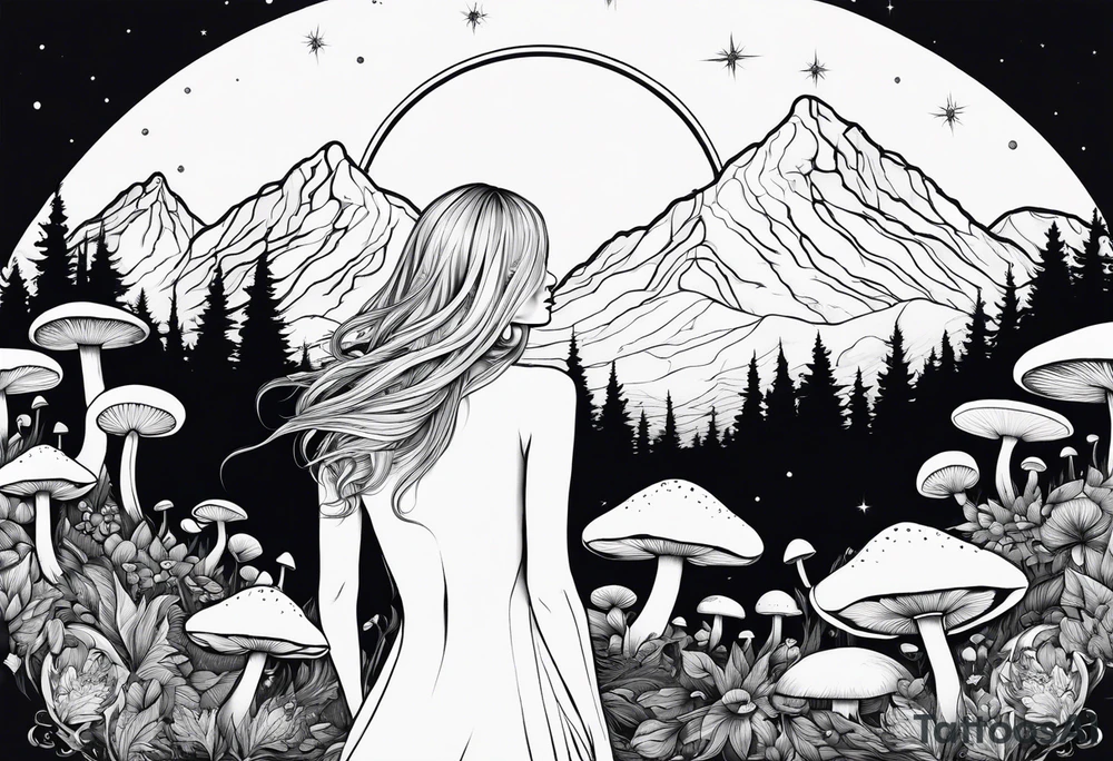 Straight blonde hair girl facing away mountains surrounded by mushrooms crescent moon circular design tattoo idea