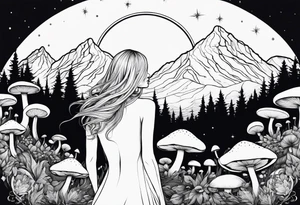 Straight blonde hair girl facing away mountains surrounded by mushrooms crescent moon circular design tattoo idea