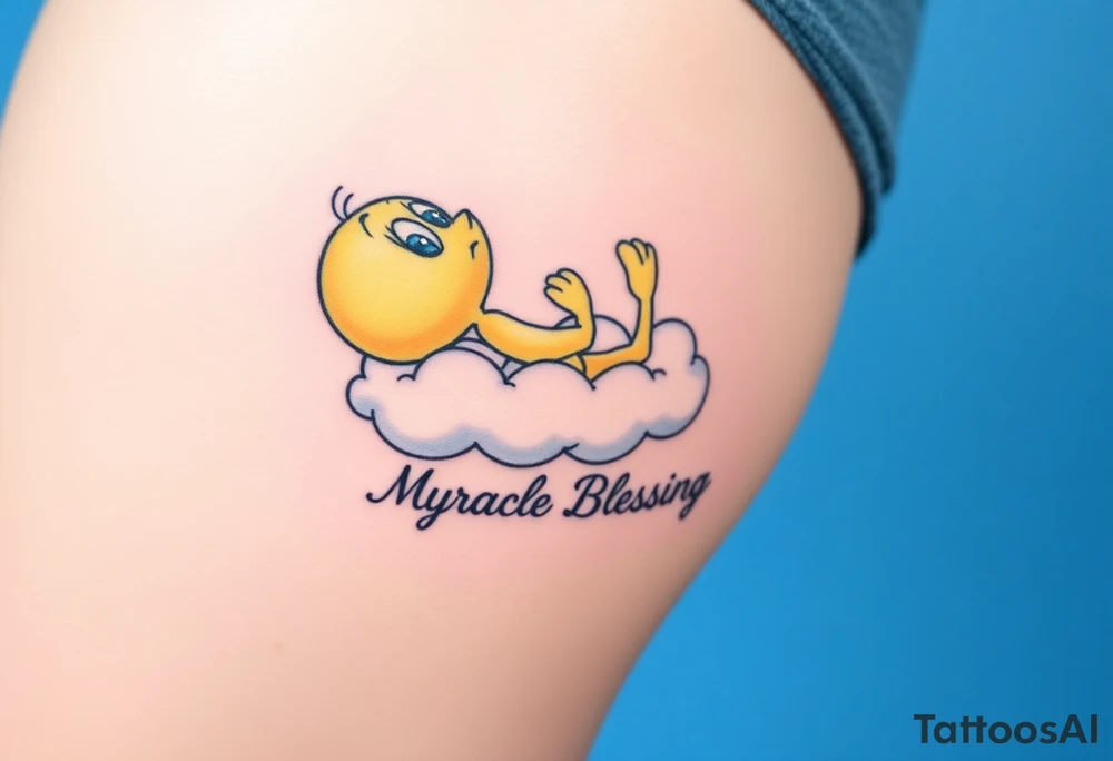 Tweety Bird laying on a cloud with his head in his hands looking up at the sky. Under the cloud in small capital letters is the name Myracle Blessing tattoo idea