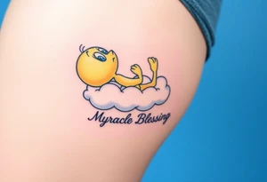 Tweety Bird laying on a cloud with his head in his hands looking up at the sky. Under the cloud in small capital letters is the name Myracle Blessing tattoo idea