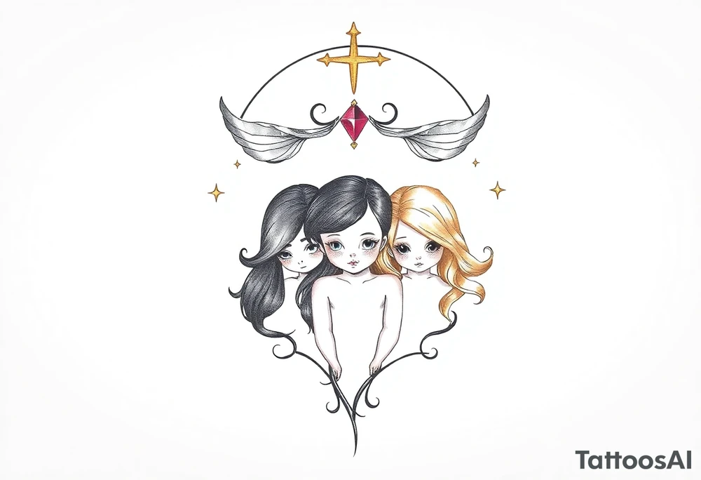 3 petites filles ( une cheveux noir et deux blondes)
sous un arc en ciel divin tattoo idea