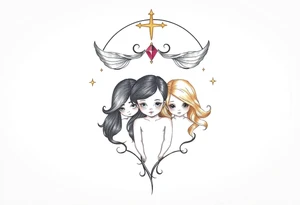 3 petites filles ( une cheveux noir et deux blondes)
sous un arc en ciel divin tattoo idea