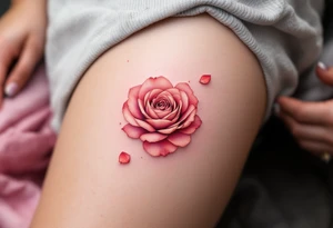 Mini tattoo of rose petals falling, in rose gold ink on pale skin, graceful and symbolic. tattoo idea