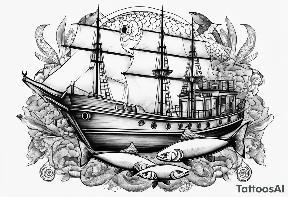 Big boat and fish tattoo idea