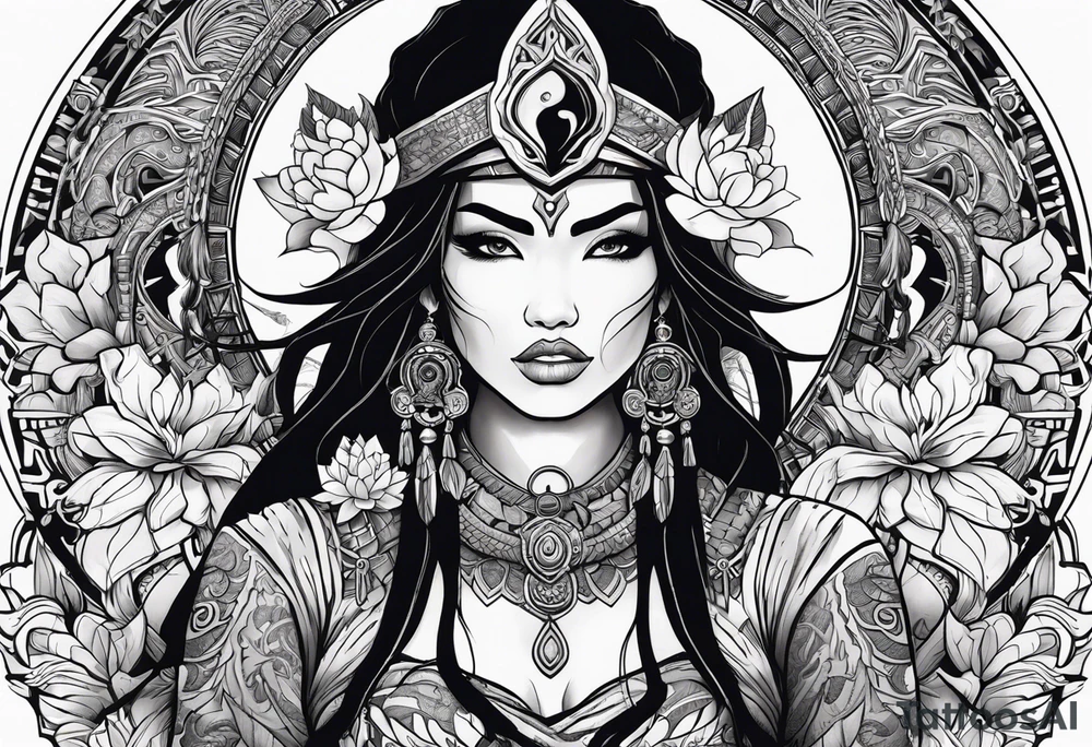 kali, valkrye, pirate, asian goddess, , warrior, native american, lotus, zenza resonance, skulls, dragon, pachamama, left side face, chest, right wing, tattoo idea