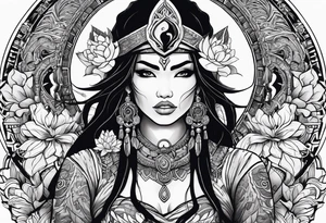 kali, valkrye, pirate, asian goddess, , warrior, native american, lotus, zenza resonance, skulls, dragon, pachamama, left side face, chest, right wing, tattoo idea