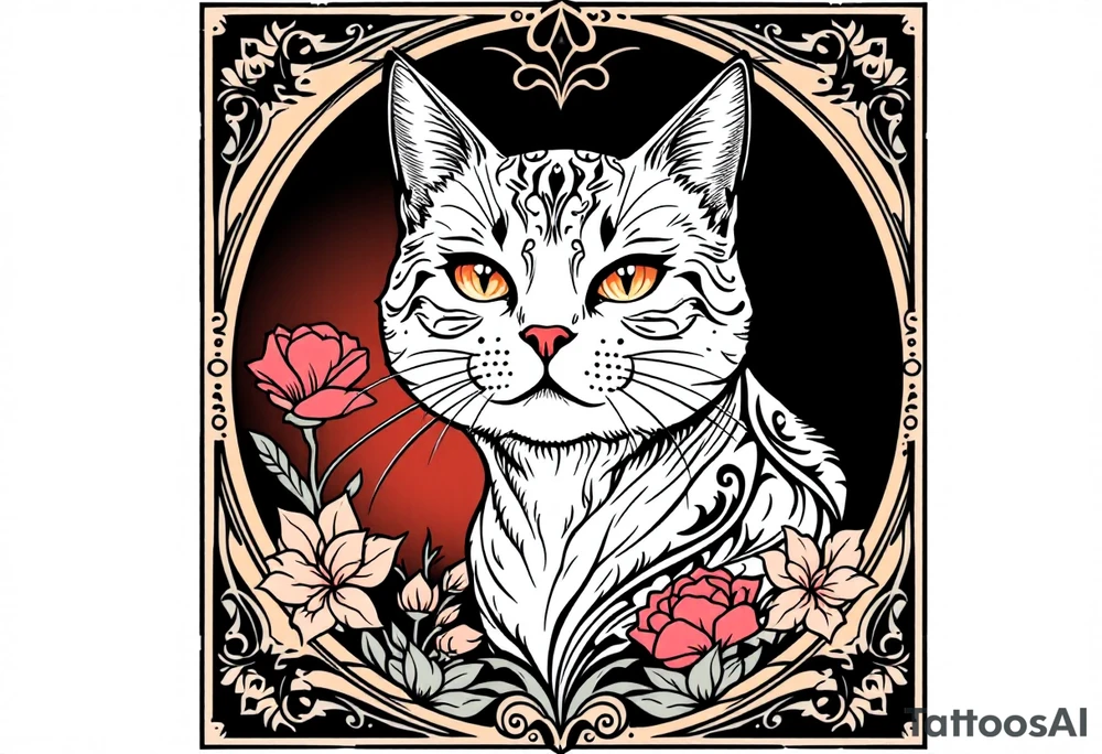 Neo traditional cat just the head and neck in an art nouveau ornamental frame tattoo idea
