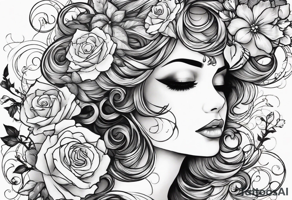 I want a left arm tattoo that starts halfway down upper arm and continuing about 3” past elbow. I want to use a pic of a face. I want the left half of person’s face to be a skeleton. I want long curls cascading from the head that wrap around elbow with roses with thorns intertwined in the curls. I would like a blood teardrop on the skeleton side of face. I would like a left hand with red polish on nails and a skeleton left hand with the pinky fingers of each hand to be interlaced. I can send a pic of the face. tattoo idea
